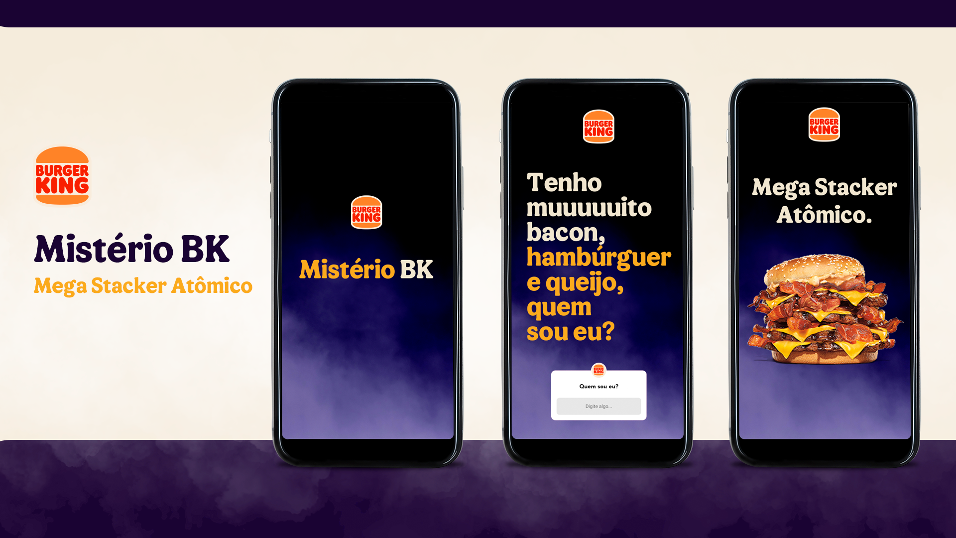 sequencia de tres telas de celular com misterio bk mega stacker.'