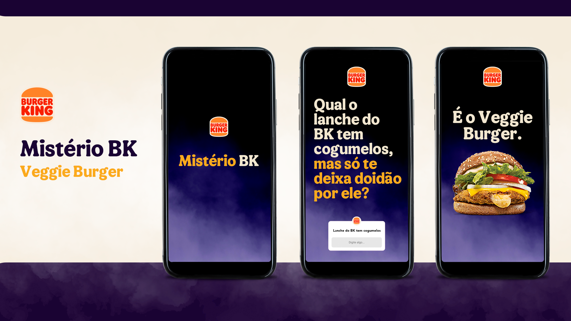 sequencia de tres telas de celular com misterio bk veggie.'