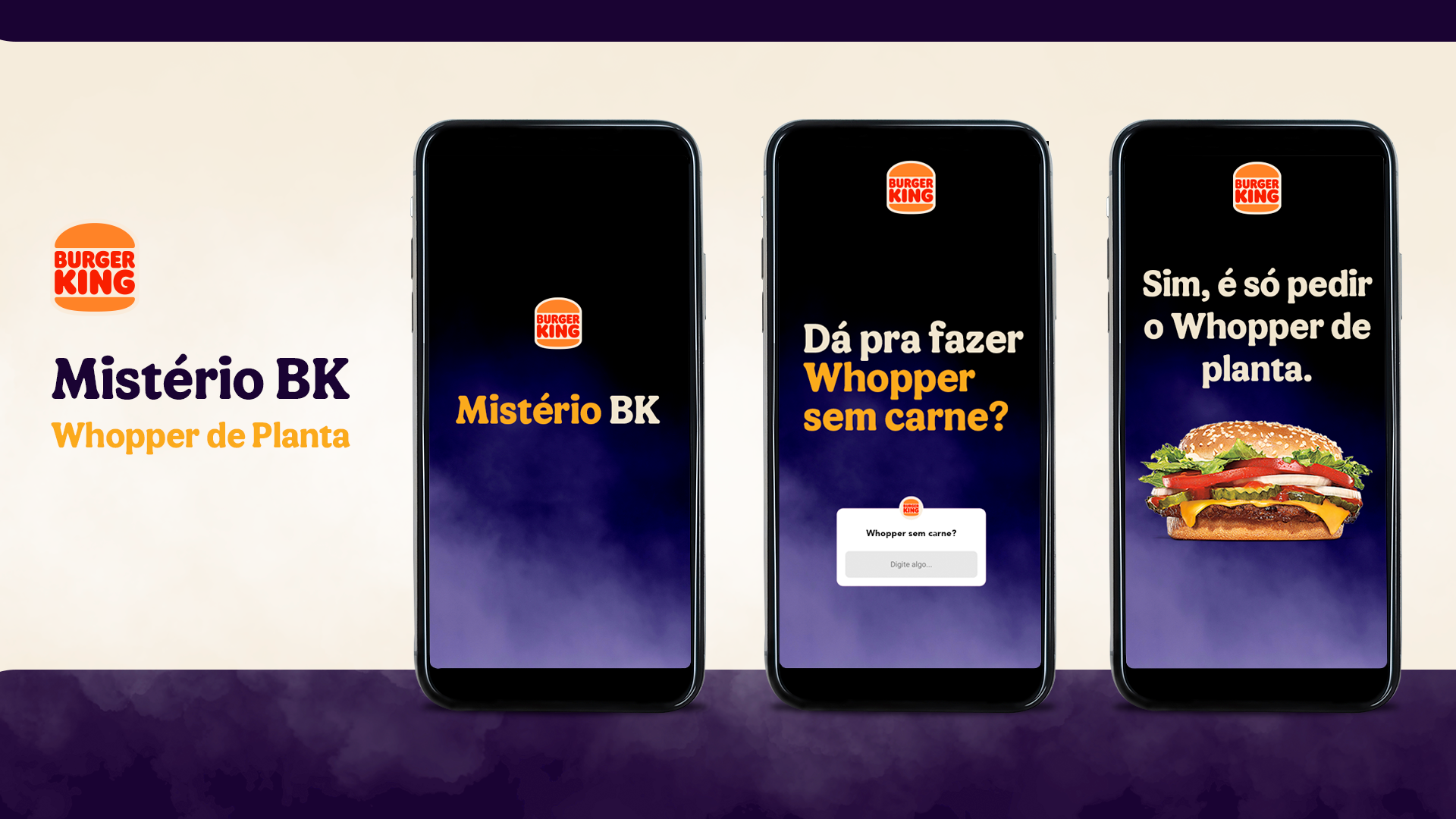 sequencia de tres telas de celular com misterio bk whopper.'